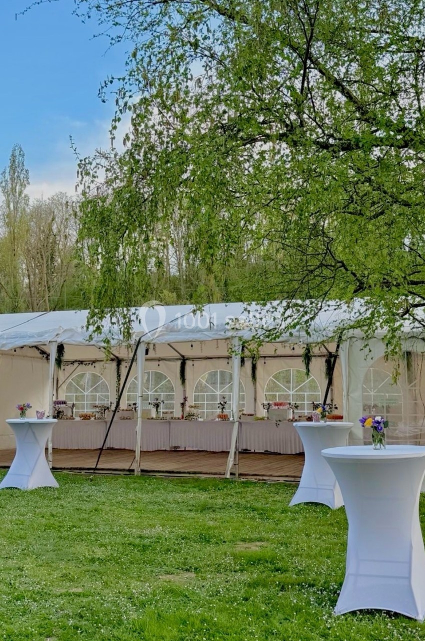 Tente blanche avec tables hautes décorées de fleurs, installée sur une pelouse entourée d'arbres au printemps.