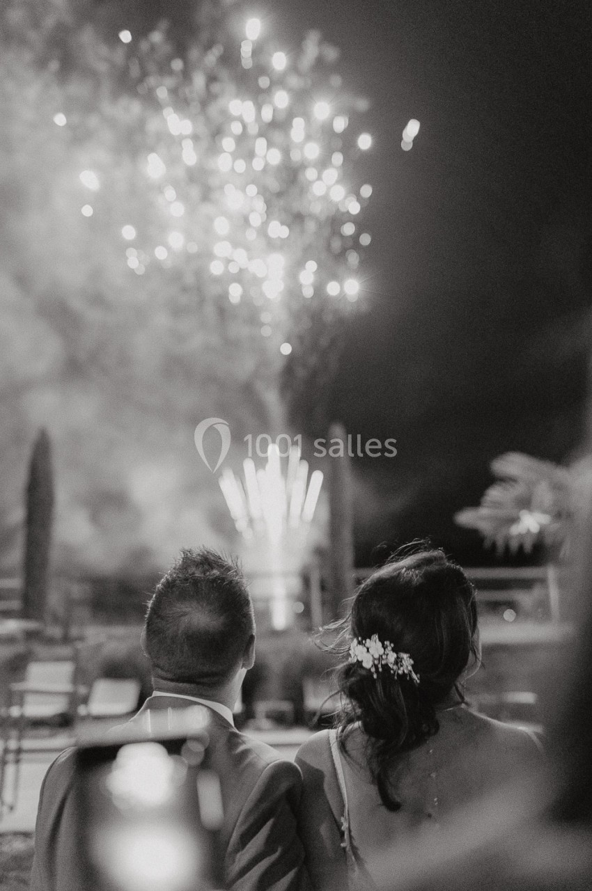 Un couple de dos regarde un feu d'artifice illuminer le ciel nocturne dans un cadre extérieur.