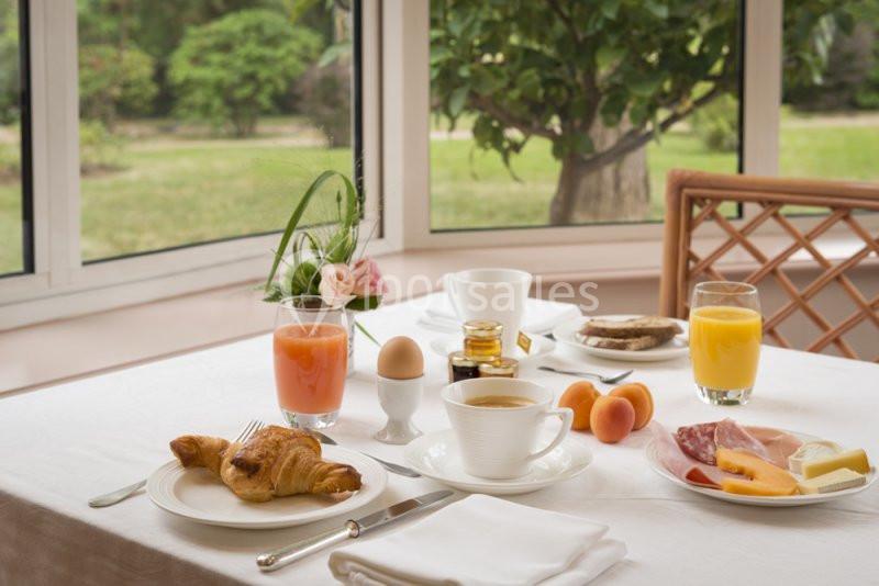 Petit-déjeuner servi sur une table avec croissant, œuf, fruits, jus, café et vue sur un jardin à travers une baie vitrée.