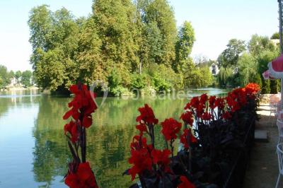 Salle de restaurant élégante avec nappes blanches, grandes fenêtres donnant sur un paysage verdoyant et décoration…