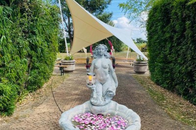 Piscine extérieure entourée de chaises longues et parasols, avec des bâtiments en arrière-plan sous un ciel dégagé.