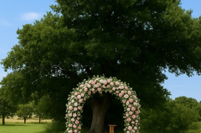 Façade d'une maison à colombages avec jardinières fleuries et un jardin verdoyant au premier plan.