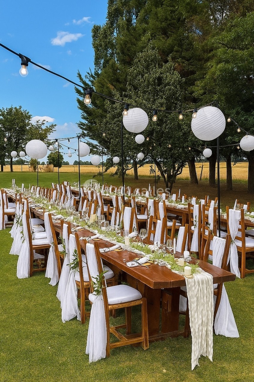 Tables en bois décorées de nappes blanches et lanternes suspendues, disposées en extérieur sur une pelouse.