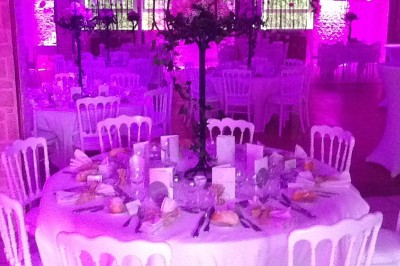 Salle de réception décorée avec des tables rondes dressées, éclairage rose et chaises blanches.