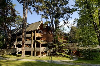 Salle lumineuse avec une grande table dressée, plafond végétalisé, canapés colorés et équipements de détente.