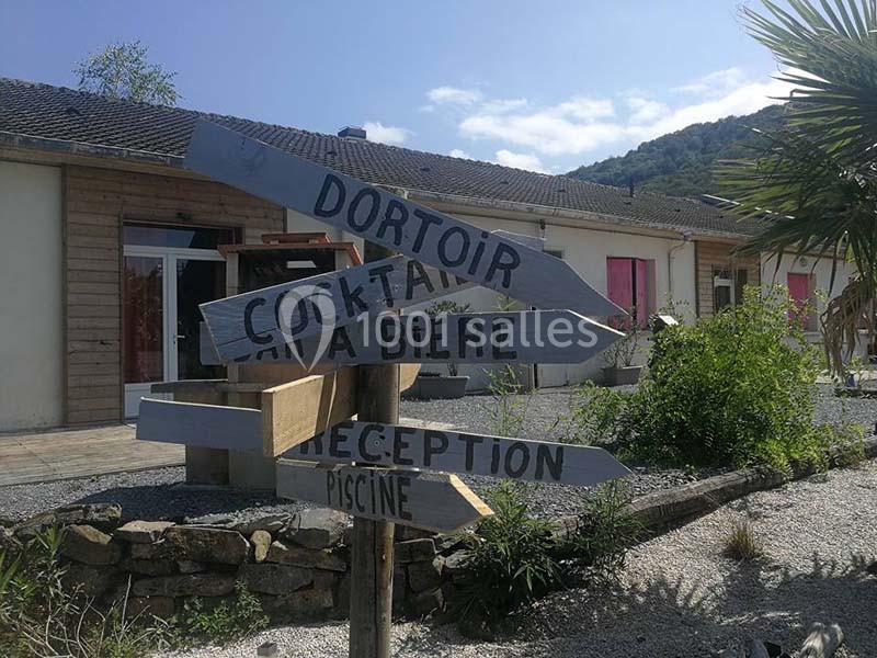 Panneaux en bois indiquant dortoir, cocktail, bar à bière, réception et piscine, devant un bâtiment sous un ciel dégagé.