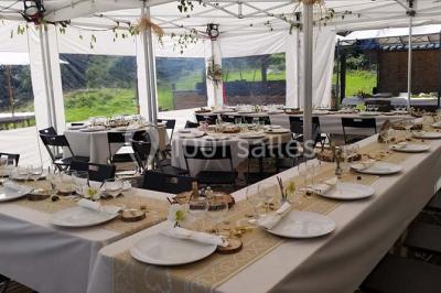 Aménagement de jardin avec un parterre circulaire entouré de pierres, contenant des plantes, sur fond de verdure et collines.