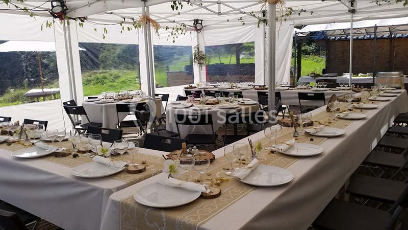 Tables dressées sous une tente blanche, décorées pour un repas festif avec vaisselle, nappes et éléments naturels.