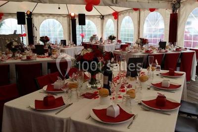 Aménagement de jardin avec un parterre circulaire entouré de pierres, contenant des plantes, sur fond de verdure et collines.