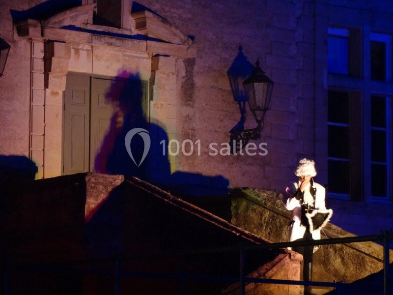 Une personne en costume historique se tient sur des marches, éclairée par des lumières projetant son ombre sur un mur.