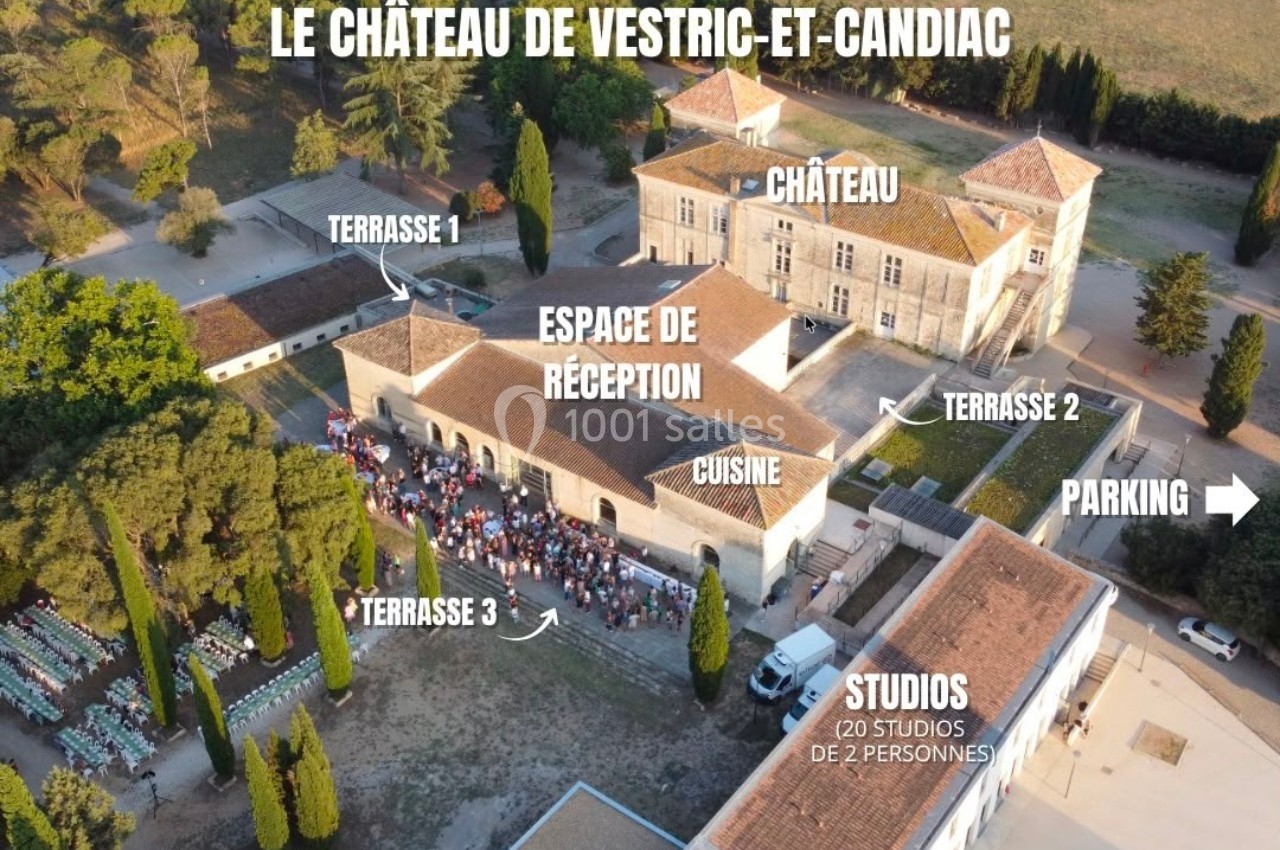 Vue aérienne annotée du château de Vestric-et-Candiac avec ses terrasses, espaces de réception, studios et parking.