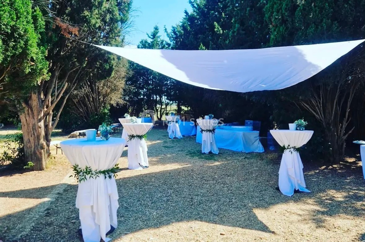 Espace extérieur décoré pour un événement, avec tables hautes drapées de blanc sous une toile tendue entre des arbres.