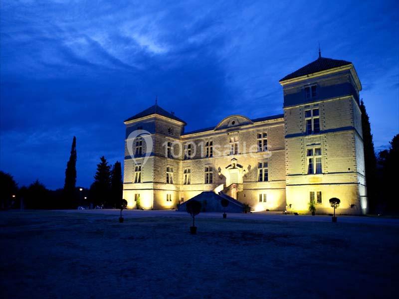 Château éclairé de nuit avec une façade illuminée, entouré d'arbres et d'un ciel bleu profond.