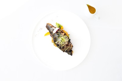 Terrain multisport extérieur avec panier de basket, filet de volley et clôture, entouré de végétation sous un ciel dégagé.