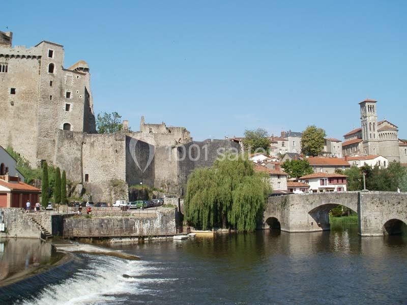 Vue d'un village avec un château médiéval, un pont en pierre et une rivière bordée de végétation.