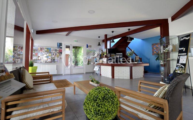 Hall d'accueil lumineux avec comptoir, fauteuils en bois, plantes décoratives et présentoirs d'informations touristiques.