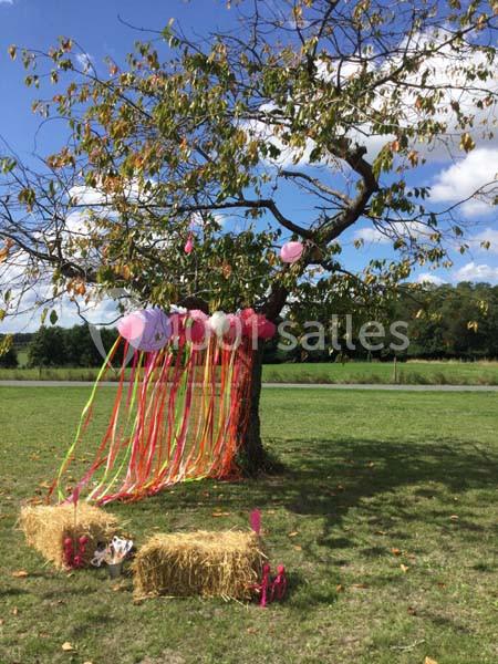 Arbre décoré de rubans colorés et ballons roses, entouré de bottes de paille dans un champ ensoleillé.