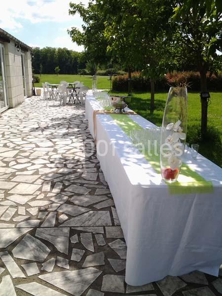 Table dressée en extérieur avec nappes blanches, verres, vase décoratif et vue sur un jardin ensoleillé.