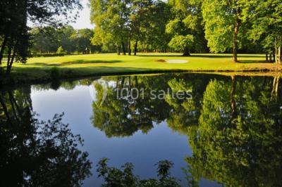 Étang calme reflétant des arbres et une pelouse verdoyante avec un bunker de golf en arrière-plan.