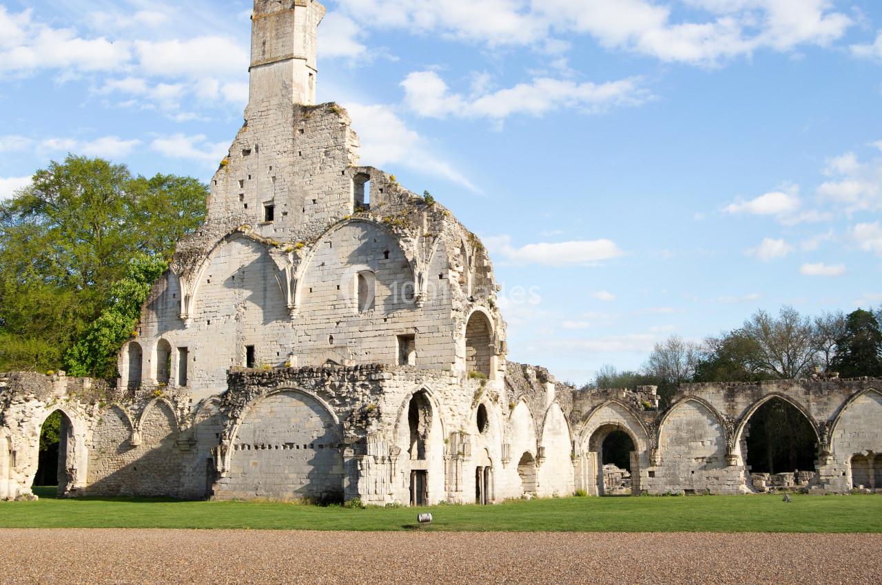 Ruines d'une abbaye médiévale en pierre, entourées de verdure et éclairées par une lumière naturelle.