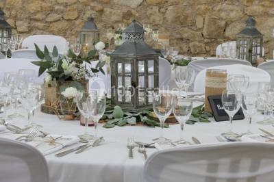 Tente en toile beige installée sur un sol gravillonné, entourée d'arbres, avec des lits aménagés à l'intérieur.