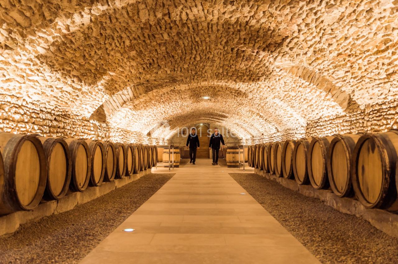 Cave voûtée en pierre avec des rangées de tonneaux en bois alignés de chaque côté et deux personnes marchant au centre.