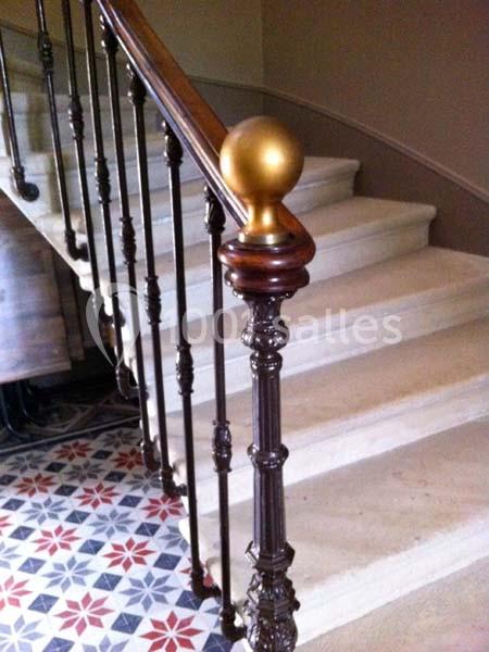 Rampe d'escalier en métal décoratif avec main courante en bois et boule dorée, sur fond de marches en pierre.