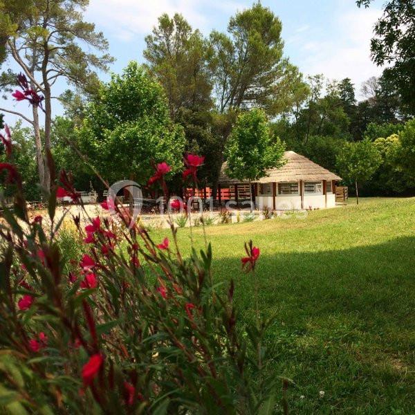 Vue d'une petite maison au toit de chaume entourée d'arbres et de fleurs rouges dans un espace verdoyant.