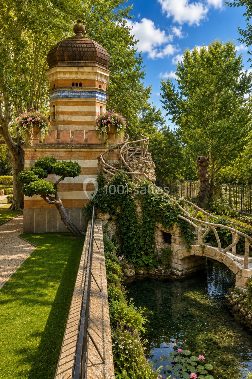 Tour décorative en briques avec des fleurs, pont en bois et petit cours d'eau entouré de verdure.
