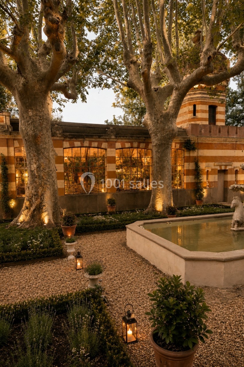 Jardin avec fontaine, lanternes allumées et bâtiment en briques éclairé, entouré de grands arbres au crépuscule.