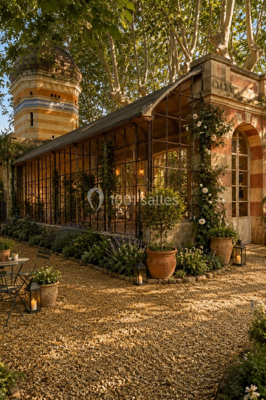 Serre ancienne en verre et métal entourée de plantes, avec des lanternes et des tables sur un sol gravillonné.