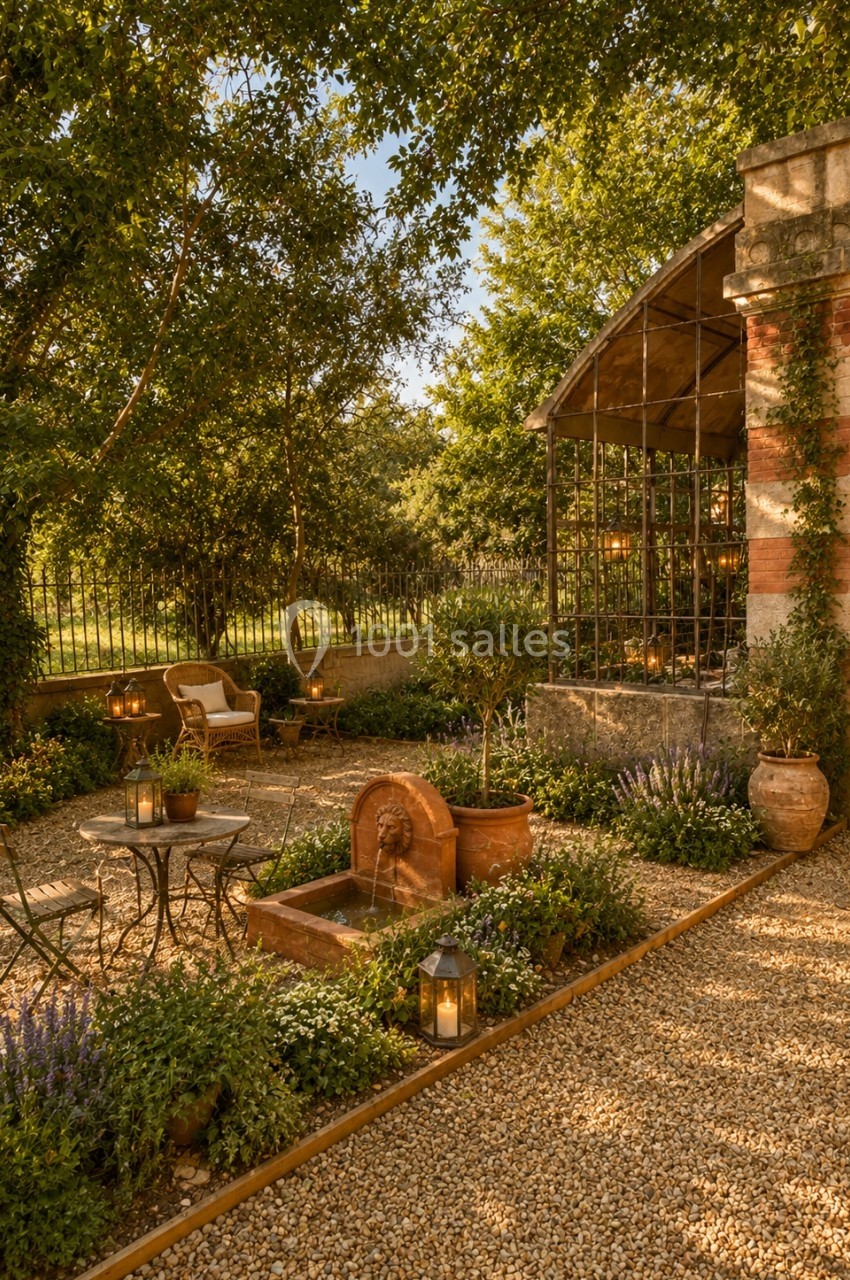 Jardin aménagé avec fontaine centrale, mobilier en fer forgé, plantes fleuries et éclairage doux au crépuscule.