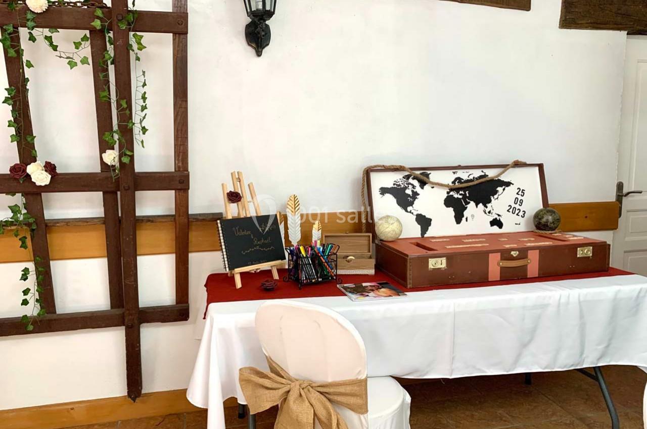 Table décorative avec une carte du monde, une valise, des accessoires d'écriture et des éléments floraux dans une salle.