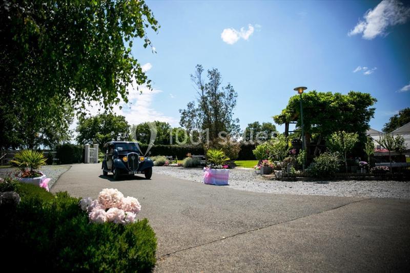 Une voiture ancienne noire sur une allée bordée de fleurs et d'arbustes sous un ciel bleu dégagé.