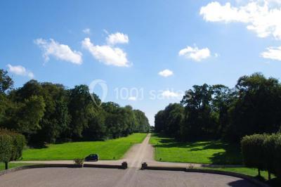Vue d'un village avec des maisons entourées de verdure, un chemin en premier plan et la mer à l'horizon sous un ciel bleu.