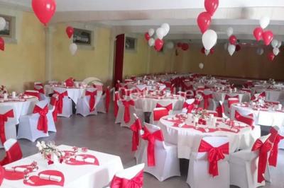 Miniature Location salle Onzain (Loir-et-Cher) - Le Manoir du Moulin #5 Vue depuis une terrasse rouge sur un petit cours d'eau bordé d'arbres, avec des maisons en arrière-plan.