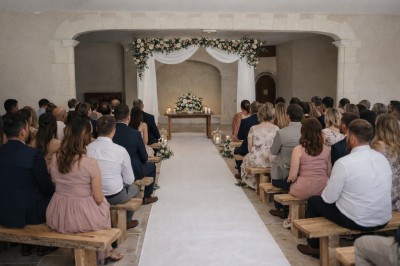 Vue depuis une terrasse rouge sur un petit cours d'eau bordé d'arbres, avec des maisons en arrière-plan.