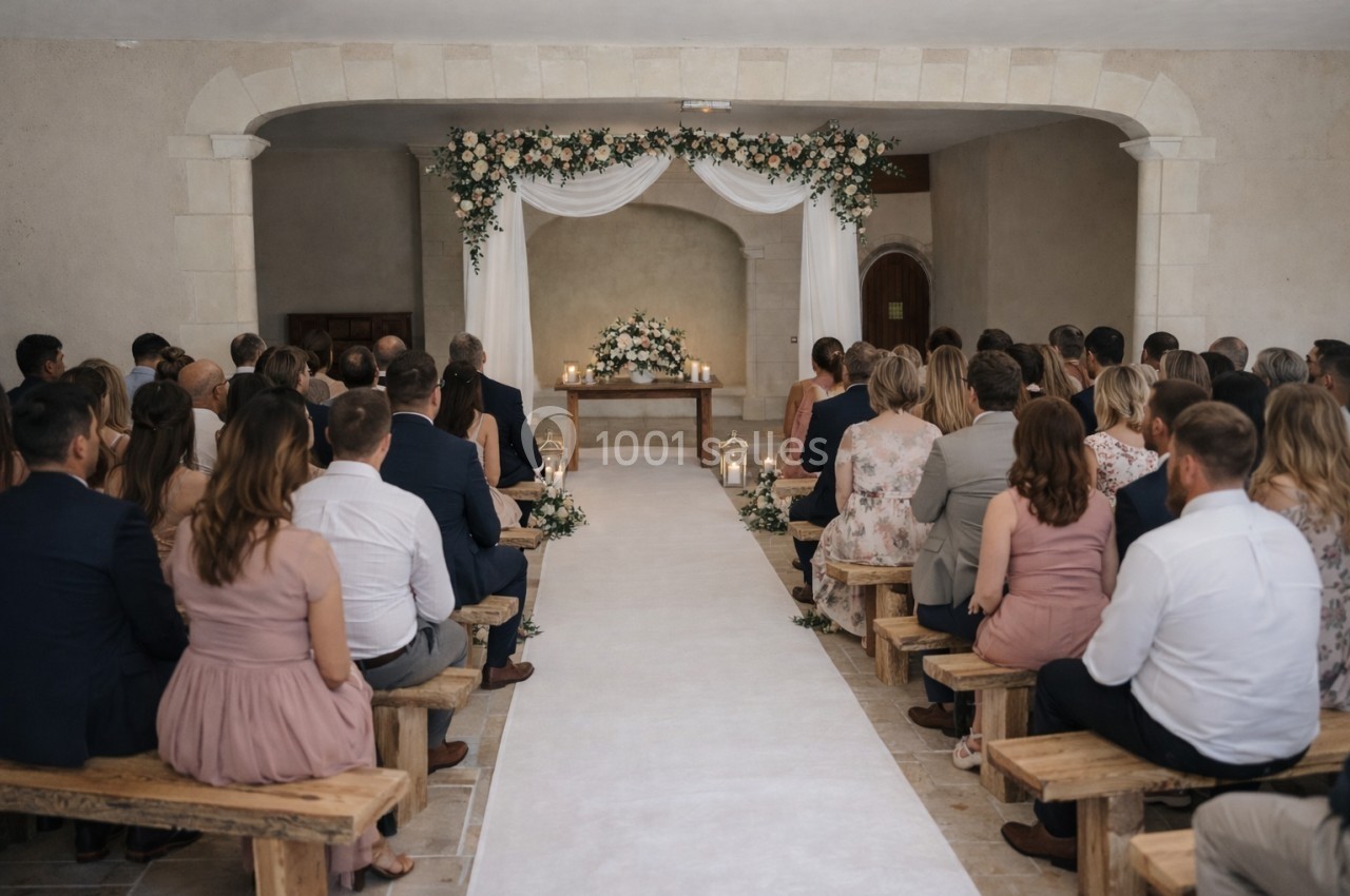 Cérémonie de mariage en intérieur avec invités assis sur des bancs, allée centrale décorée de fleurs et bougies.