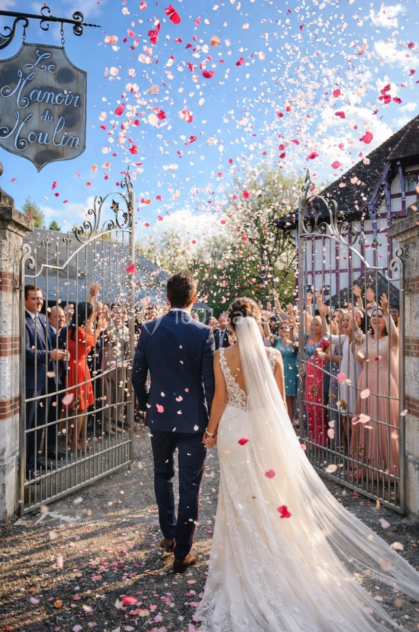 Un couple de mariés marche sous une pluie de pétales devant des invités réunis devant un portail ouvert.