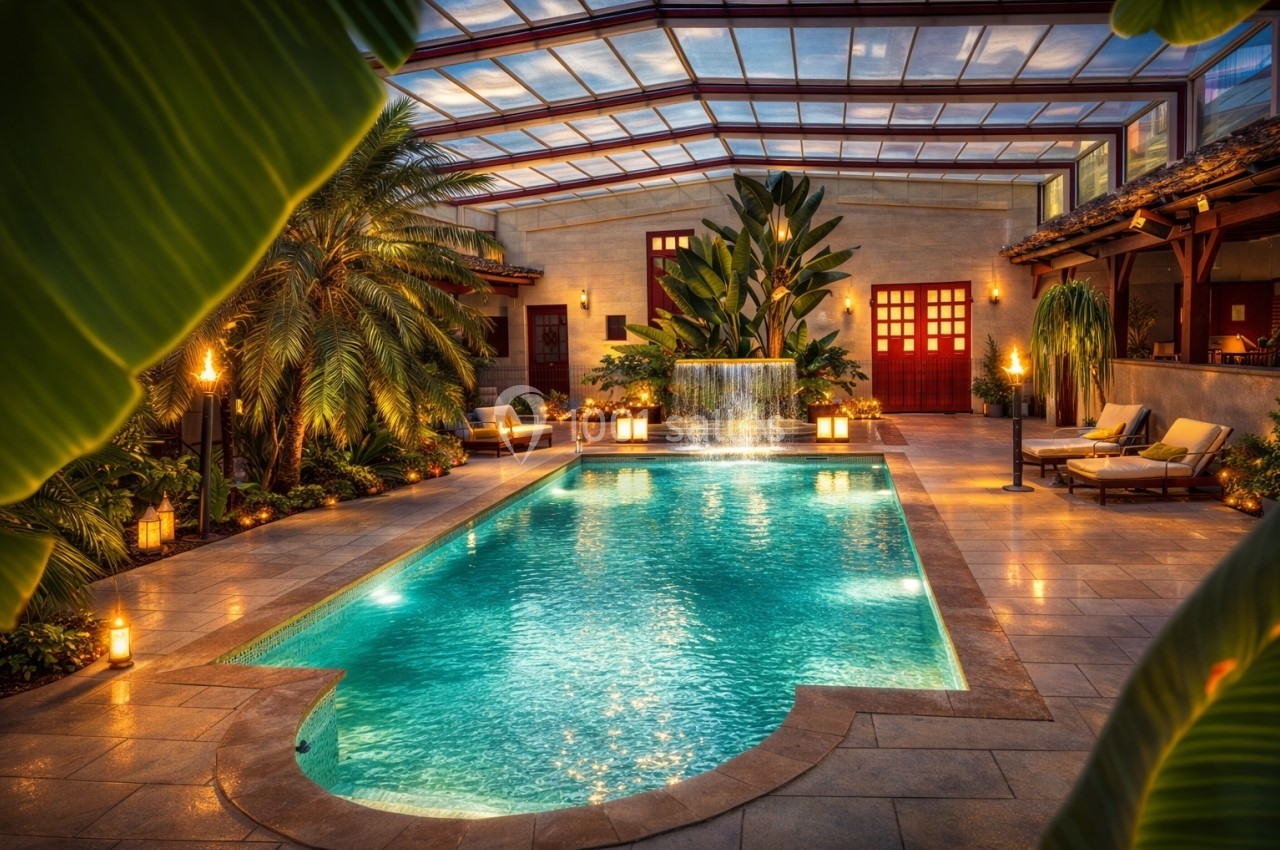 Piscine intérieure éclairée entourée de plantes tropicales, avec cascade et transats sur un sol en pierre.