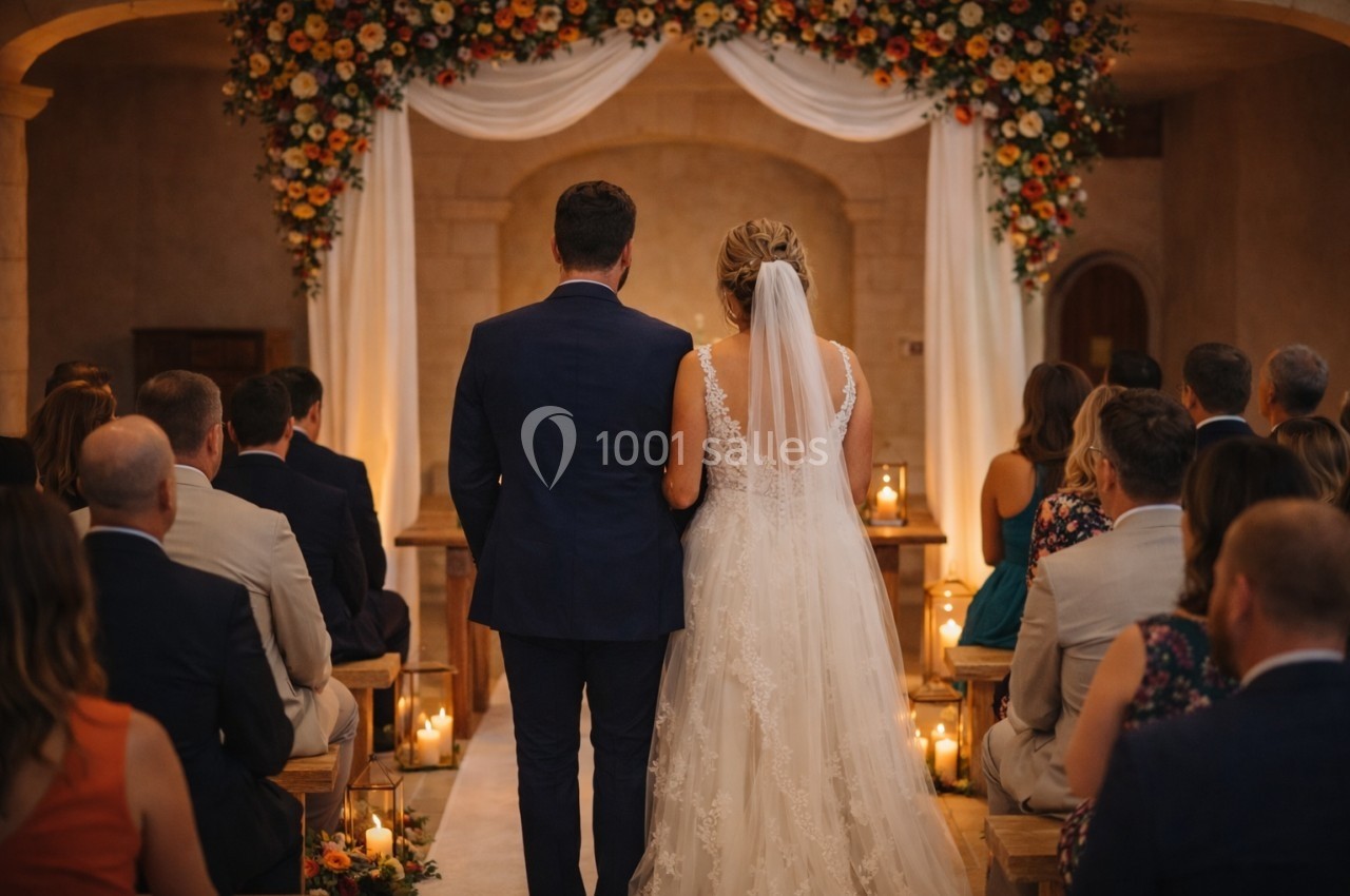 Un couple de mariés debout devant un autel décoré de fleurs, entouré d'invités assis dans une salle éclairée aux bougies.