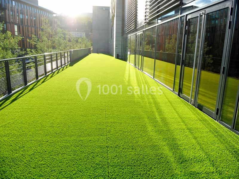 Terrasse extérieure avec sol en gazon synthétique, bordée de garde-corps métalliques et de baies vitrées.