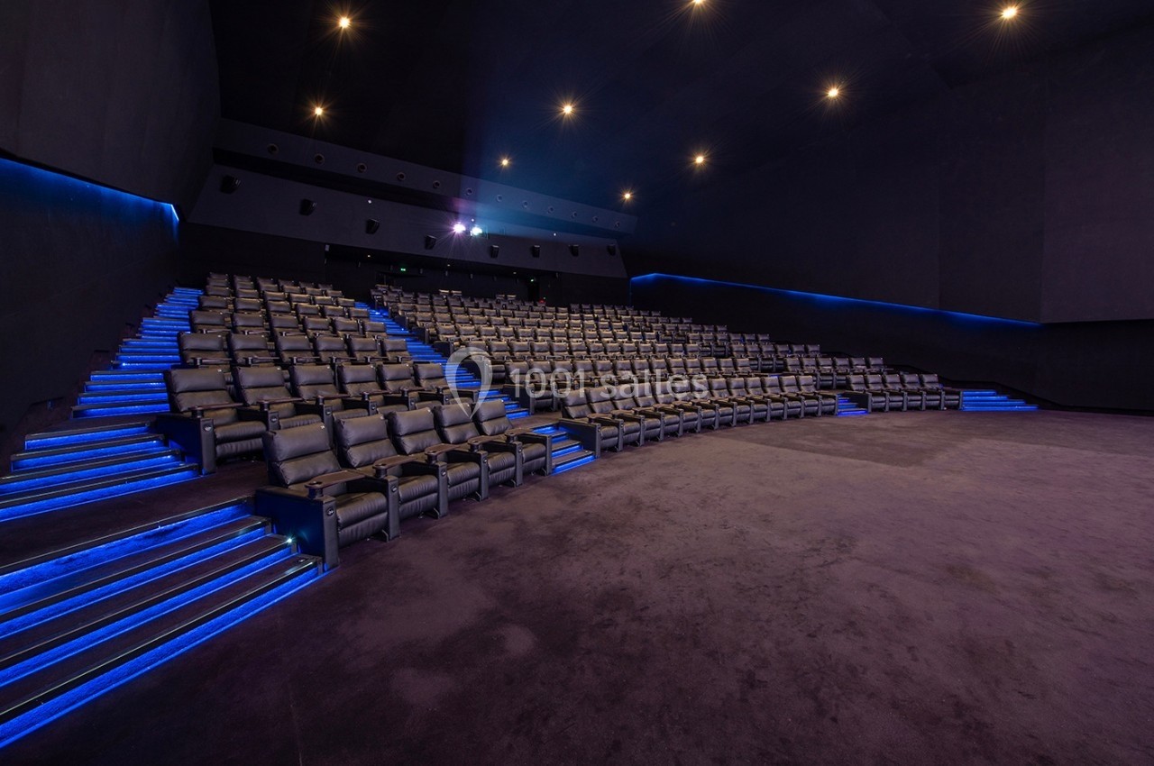 Salle de cinéma vide avec rangées de sièges en cuir et éclairage bleu le long des allées.