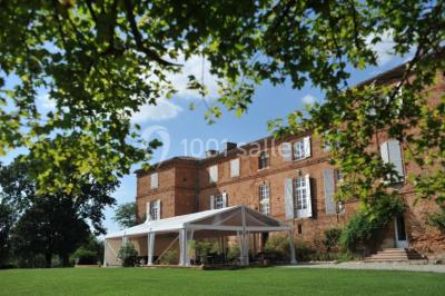 Statue en pierre près d'un escalier en briques, avec des hortensias roses en pots au premier plan.