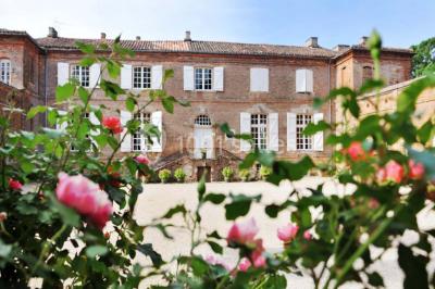 Statue en pierre près d'un escalier en briques, avec des hortensias roses en pots au premier plan.
