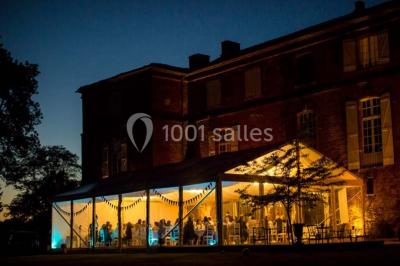 Statue en pierre près d'un escalier en briques, avec des hortensias roses en pots au premier plan.