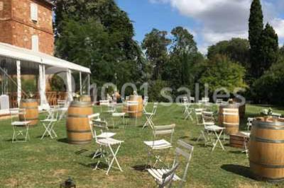 Statue en pierre près d'un escalier en briques, avec des hortensias roses en pots au premier plan.