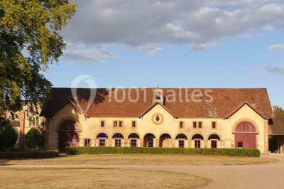 Miniature Location salle Beaulon (Allier) - Château de Beaulon #12 Vue nocturne d'un château illuminé entouré d'arbres, avec une allée sombre au premier plan.