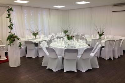 Vue d'un jardin clôturé avec pelouse, deux pots rouges contenant des plantes et un premier plan de feuilles vertes.