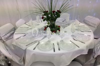 Vue d'un jardin clôturé avec pelouse, deux pots rouges contenant des plantes et un premier plan de feuilles vertes.